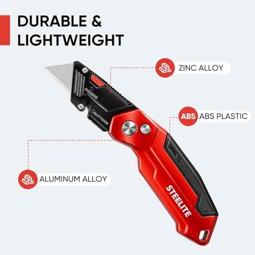 STEELITE Utility Knife Folding, Box Cutter Heavy Duty Metal, Quick Open Botton Lock Razor Knife for Cartons, Rapes, Leather and Cardboard, Blades Storage Design with 10 Extra Blade, Red