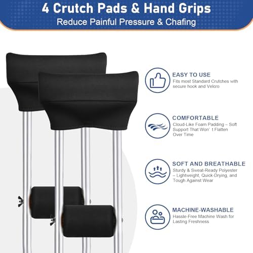 Ytonet 5 PCS Crutch Pads, Bag & Hand Grips, Includes 2 Armpit Pads & 2 Non-Slip Grips, Water-Resistant Lightweight Accessories Storage Pouch with Reflective Strips for Standard Crutches (Black Blue)