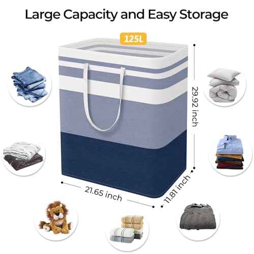 HomeHacks 2-Pack Large Laundry Basket, Waterproof, Freestanding Laundry Hamper, Collapsible Tall Clothes Hamper with Extended Handles for Clothes Toys in the Dorm and Family (Blue, 125L)