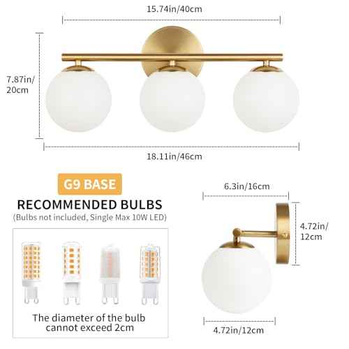 Globe Bathroom Light Fixtures 3-Light Brass Gold Vanity Light with Plastic Milk White Globe Shades 11.81 inch Wall Sconce Lighting Over Mirror, Vanity Lights for Bathroom Bedroom Hallway