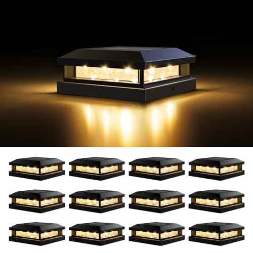 Solar Post Cap Lights Outdoor 12 Packs for 4x4 4.5x4.5 5x5 Vinyl/Wooden Posts, Waterproof Solar Powered Fence Post Light with Warm/Cool Lighting, Black 16LEDs Deck Cap Light for Garden, Patio, Porch