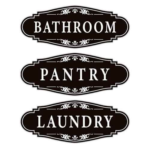 3PCS Bathroom/Laundry Room/Pantry Door Signs Sticker, Self-Adhesive Weatherproof and Fade-Resistant Vinyl Bathroom Door Decal Decor for Home, House, Business, Office, Apartment£¨9" x 3.5"£©