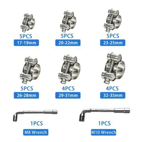 T-bolt Hose Clamps, PEROMI 28pcs 6 Size Heavy Duty Radiator Hose Clamps Assortment Kit-Size Range 17-35mm, 304 Stainless Steel Pipe Tube Clamps
