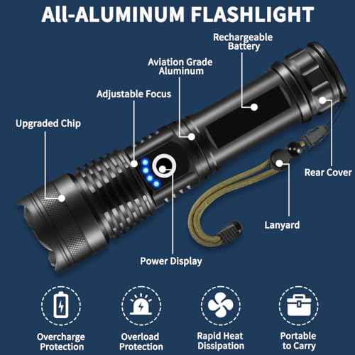 Flashlights High Lumens Rechargeable, 2Pack Rechargeable Flashlights, Super Bright Flashlight, 5Mode Tactical Flashlights High Lumens, LED Flashlight High Powered, Waterproof Flash Light LED