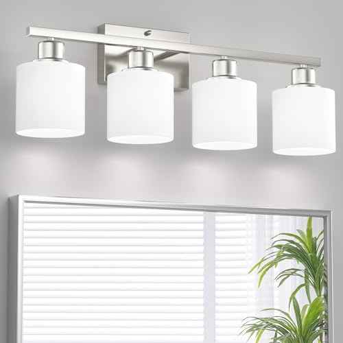 Bathroom Lights Over Mirror Brushed Nickel, Anti-Rust 4-Light Bathroom Vanity Light Fixtures, Modern 24Inches Wall Sconces E26 Base, Milky White Glass Shades, Bulbs Not Included