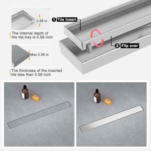 Linear Shower Drain, 24 Inch Brushed Nickel 304 Stainless Steel Shower Drain with Tile Insert Panels, Long Rectangle Shower Floor Drain with Adjustable Feet, Hair Catcher, Fits Bathroom, Balcony