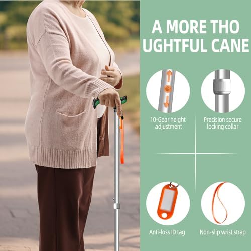 DEOMAi Quad Cane Self Standing Adjustable Walking Cane for Men Women Seniors with Comfort Grip Handle 360° Pivoting Cane for All-Terrain Lightweight & Durable