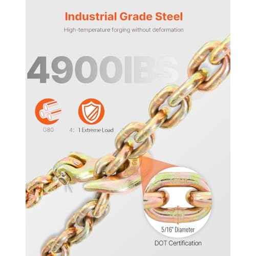 VEVOR Transport Binder Chain, 4900lbs Working Load Limit, 5/16''x20' G80 Tow Chain Tie Down with Grab Hooks, DOT Certified, Galvanized Coating Manganese Steel for Dock Factory Construction Site, 2Pack