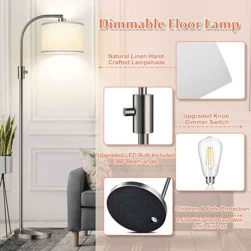 Nintiue Dimmable Floor Lamp, 1200 Lumens LED Edison Bulb Included, Arc Floor Lamps for Living Room Modern Standing Lamp with Linen Shade, ?F1599