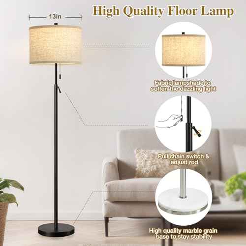 GyroVu Black Floor Lamp, Height Adjustable Standing Lamp Tall Lamp with Fabric Lampshade&Pull Chain Corner Floor Lamps for Living Room, Bedroom & Office Bulbs Not Included(Black Base)