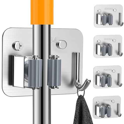 4 Pack Stainless Steel Mop and Broom Holder Wall Mount with Hook, Screw Drilling Mop and Broom Hanger, Single Heavy Duty Storage Rack for Laundry Garage Closet Garden Tool Organizer, Silver