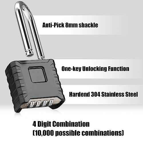 2 Pack 2.3in Long Shackle Combination Padlock [One-Touch Unlocking], Diyife Large Heavy Duty Outdoor Padlock Design of Hidden Password, High Security for Locker, Gym, Garden, Fences, Garage, Black