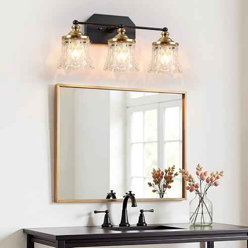 Vintage Bathroom Vanity Light Fixtures, Black and Gold 3-Light Vanity Light, Antique Bathroom Lighting Fixtures Over Mirror with Crystal Glass Shade, Vanity Lights for Bedroom Living Room Hallway