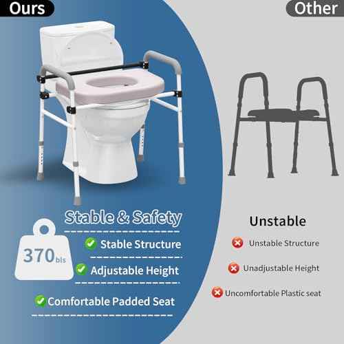 Toilet Seat Riser Adjustable Height Elevated Shower Commode Chair with Handles and Thick Soft Pad Heavy Duty 350lbs Bedside Commode Chair for Elderly Handicap Pregnant Easy to Assemble