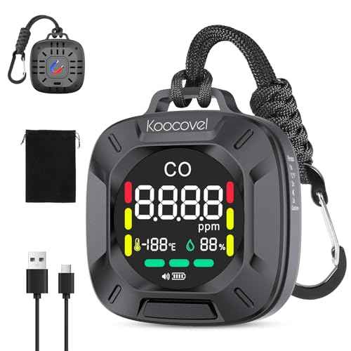 Portable Carbon Monoxide Detector Travel, Rechargeable 3-in-1 CO, Temperature & Humidity Meter, Custom Alarm Thresholds, 240h Standby, for Hotel Room, Camping, Outdoor Black