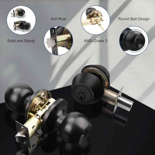 Knobonly Entry Door Knobs and Double Cylinder Deadbolt, Keyed Alike Door Handle Set with Same Keys, Combo Pack for Front Doors-Keyed on Both Side, Matte Black Finish, Contractor Pack of 3 Set