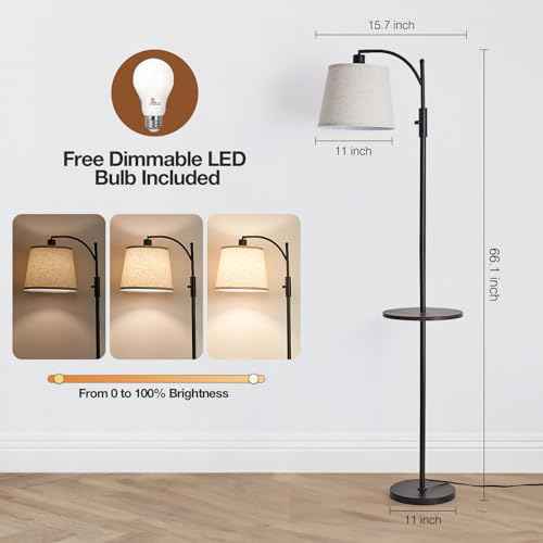 AIDENOEY Fully Dimmable Floor Lamp for Living Room£¬Standing Lamp Rotary Switch with Table&Linen Beige Shade£¬Black Tall Lamps for Bedroom with Adjust Head£¬9W LED Bulb Included