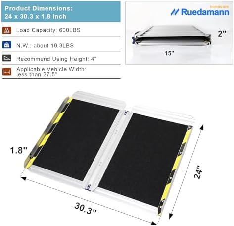 Ruedamann 2FT Wheelchair Ramp, Portable Wheelchair Ramp for Home Entrance, 30-1/4" Wider Design, Non-Slip Aluminum Folding Ramps for Wheelchairs, Strollers, Scooters, Stairs, Curbs, Doorways