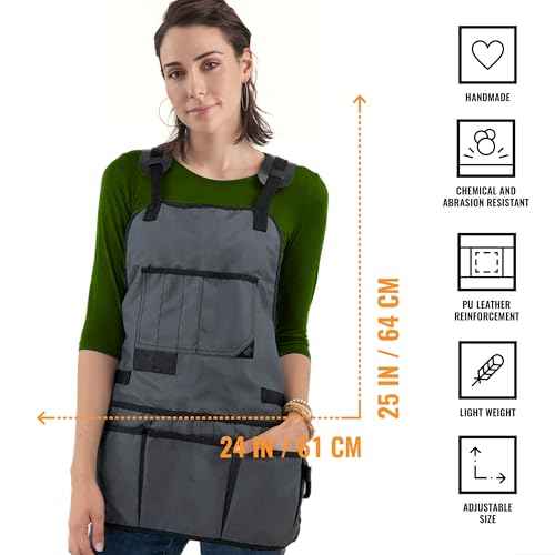 Under NY Sky Tool Apron ? Magnetic Tool Holder ? Heavy Duty Gray Oxford Canvas ? Cross-Back ? 18 Pockets ? Adjustable for Men, Women ? Pro Mechanic, Woodworker, Carpenter, Electrician, Gardener Apron