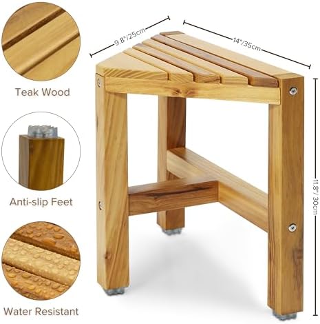 Teak Shower Stool, Teak Shower Bench, 12'' Shower Foot Rest for Shaving Legs, Waterproof Corner Shower Bench, Organizer Stool, Corner Seat for Bathroom Livingroom