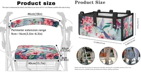 LedBack Mobility Scooter Accessories for 3 Pcs, Hummingbird Pink Flowers Rollator Walker Seat and Backrest Covers Under Seat Rollator Walker Bag for Seniors