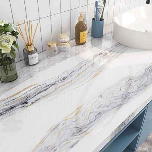 FunStick Gold White Marble Countertop Contact Paper Waterproof Marble Contact Paper for Countertops Cabinets Removable Marble Wallpaper Peel and Stick Countertops for Kitchen Bathroom Table 15.8"x80"