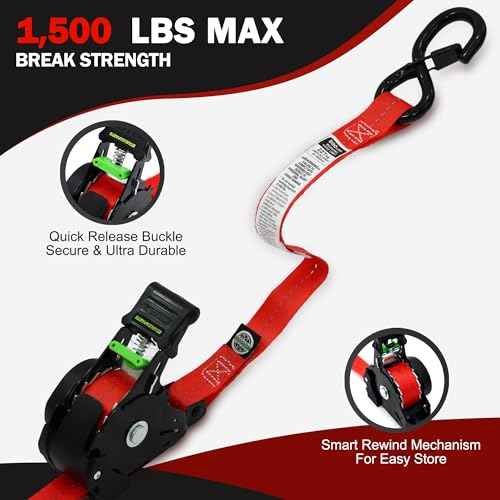 Retractable Ratchet Straps(4PK 1.0INX12FT) - 1,500lb Break Strength, Ratchet Strap Heavy Duty with Rubber Coated Handle, Perfect Auto Ratchet Straps for Motorcycle,Trucks (Red)