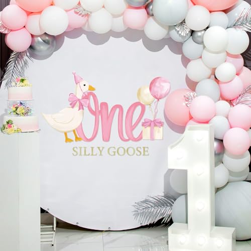 One Silly Goose Party Decal Sign Pink First Birthday Wall Sticker Pink Bow Goose Sweet Party Backdrop Photo Prop for 1st Girl Birthday Balloon Arch