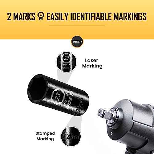 BOEN 1/2" Drive Deep Impact Sockets, Premium Impact Socket, 23mm Socket, Metric, 6 Point, Cr-V Steel with Laser Marking - Strong and Durable