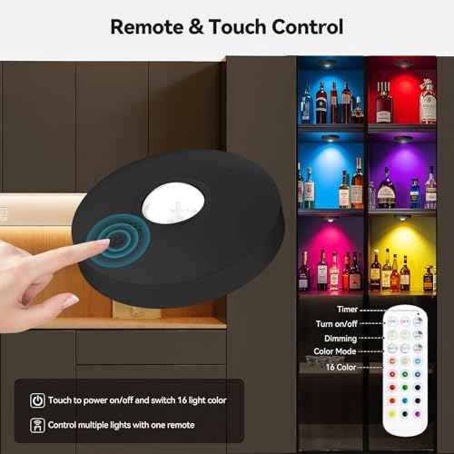 Rechargeable Puck Lights with Remote, 12 Pack Magnetic Under Cabinet Lighting, 1500mAh Battery Operated LED Tap Lights with Dimmer & Timmer for Kitchen, Closet, Shelf - 3 Color Temps & 12 RGB, Black