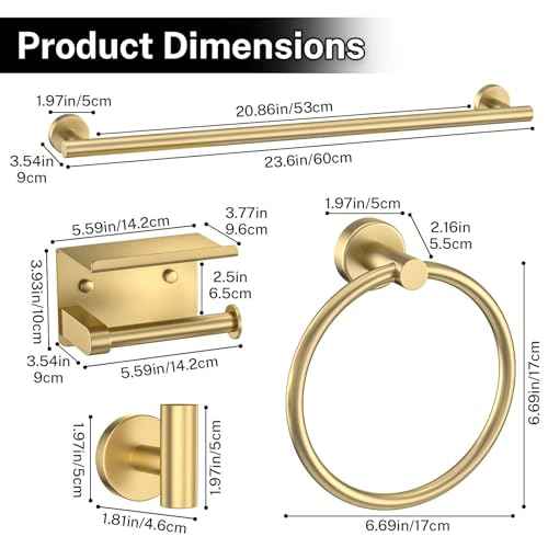 5-Piece Towel Bar Set Brushed Gold Bathroom Hardware Accessories Set Includes Multi-Purpose Toilet Paper Holder,Towel Holder Sets for Bathroom Stainless Steel Wall-Mounted 23.6in