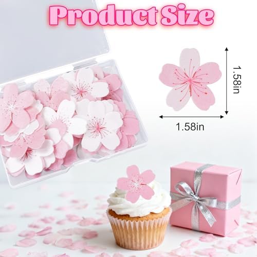 60 Pcs Cherry Blossom Cake Toppers, Paper Pink Flowers Cupcake Decorations for Wedding Baby Shower Birthday Party Food Supplies