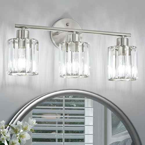 Crystal Bathroom Light Fixtures,Bathroom Lighting Fixtures Over Mirror, Modern 3-Light Brushed Nickel Vanity Lights for Mirror, Restroom,Kitchen(Ceramic E26 Socket,Bulbs Not Include)