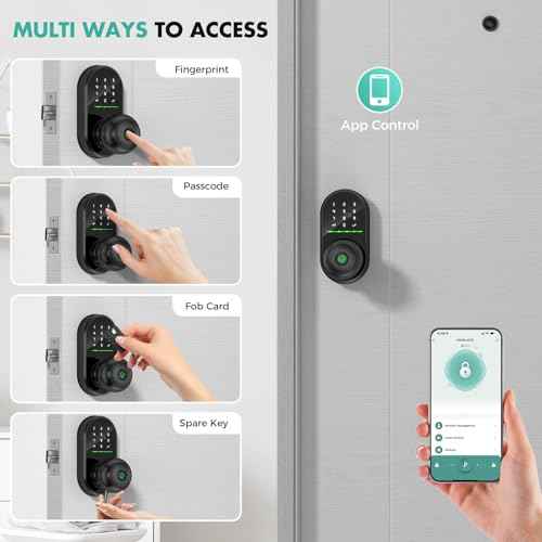 Keypad Smart Door Lock with Knob, Keyless Entry Door Lock, Fingerprint Door Knob for Front Door, Electronic Code, App Remote Control, Easy Installation, Auto Lock,Black