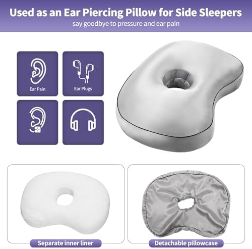 Orthopedic Ear Piercing Pillow for Side Sleepers, Pain Relief Design with Removable Cover and Ear Hole, 12x19 Inch Pierced Ears Support