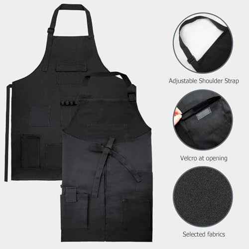 boshiho Adult Painting Aprons, Adjustable Buckle, Barber Apron with Pockets for Women/Men/Unisex, Utility or Work Apron (Black)