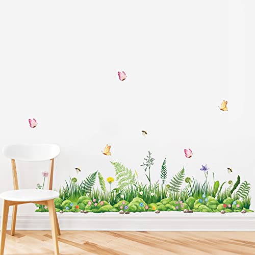 decalmile Green Grass Wall Decals Meadow Ferns Butterflies Wall Stickers Corner Bedroom Living Room Kitchen Wall Decor
