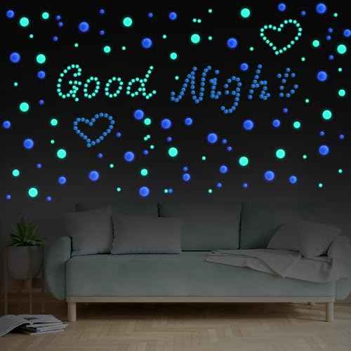 808 Pcs Glow in The Dark Stars for Ceiling, Glowing Stars Wall Decals, 3D Green and Blue Dots Starry Sky Shining Decor Stickers for Kids Bedding Room Birthday Gift Ceiling Decor