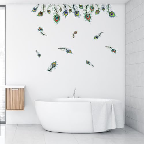 PLIGREAT 9 Pcs Peacock Eyes Feathers Wall Stickers, Removable Vinyl Peel and Stick Wall Decals for Living Room Bedroom Office Home Indoor DIY Wall Art Decor TV Background Wall Decoration