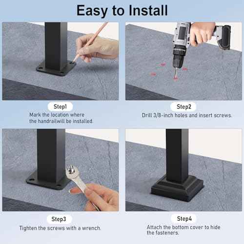 Outdoor Handrails for 2-3 Steps, Stair Railing Kit for Concrete & Porch Steps, Adjustable Black Iron Hand Rail for Seniors, Easy Installation, Retro Arch Design
