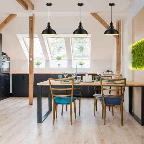 2PCS Matte Black Pendant Lights, Farmhouse Pendant Lamp with Metal Shade (White Inside), Industrial Pendant Lighting for Kitchen Island, Dining Room, Bedroom, Hallway
