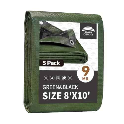 RAINDEWAY Tarps 8x10 Feet£¨5 Pack£©,Tarp Waterproof,9Mil Thick Finished Size, Multipurpose Poly Tarp Cover with Metal Grommets and Reinforced Edges,Green/Black Tarpaulin