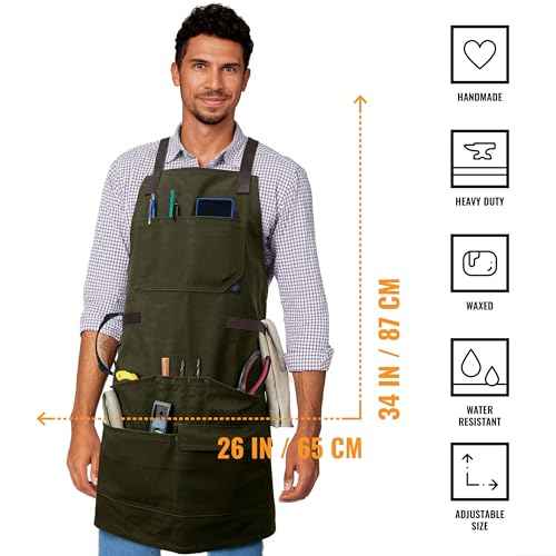 Under NY Sky Woodwork Apron - 12 pockets & loops, Waxed Canvas, Cross-Back, Leather Reinforcement - Carpenter, Mechanic, Workshop, Tool Aprons (Woodwork Green)