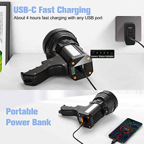 YIERBLUE Rechargeable Spotlight, Super Bright 100,000 High Lumen LED Handheld Spotlight Long Lasting Large Flashlight Searchlight and Flood Camping Flashlight with Foldable Tripod Black