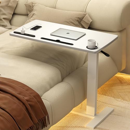 Overbed Table,Hospital Bed Table,Pneumatic Bed Tables Adjustable Over The Bed with Hidden Wheels&USB Port,Mobile Laptop Table Cart and Rolling Bedside Table with Tray Hospital Home Use-White1