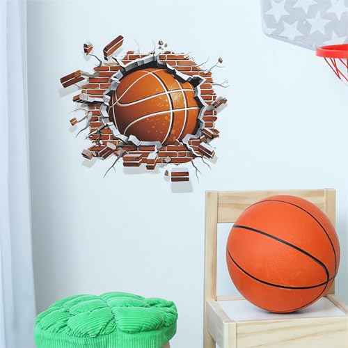 Broken Wall Basketball Wall Stickers, sacinora 3D Sport Wall Decals Brickyard Removable Vinyl Peel and Stick for Kids Teens Boys Bedroom Nursery Playroom Art Home Decorations