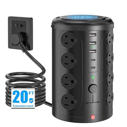 Power Strip Tower Surge Protector with 16 Outlets and 5 USB Ports (2 USB-C), 20FT Extension Cord with Multiple Outlets,Heavy Duty Charging Station,Home Office Dorm Room Essentials.No Wireless Charging