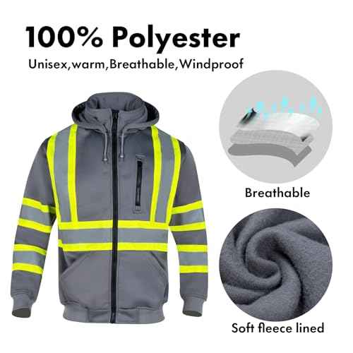 VENDACE High Visibility ANSI Class 1 Reflective Safety Fleece Sweatshirt Hoodie for Men with Detachable Hood(Grey,XL)