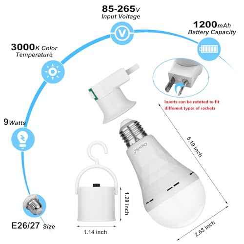 10 Pack Rechargeable Light Bulbs, Emergency Light Bulbs for Power Outage Hurricane Camping 3000K Warm Light Battery Operated Light Bulb 9W E26 1200mAh Battery Backup Soft Light Bulb for Lamps