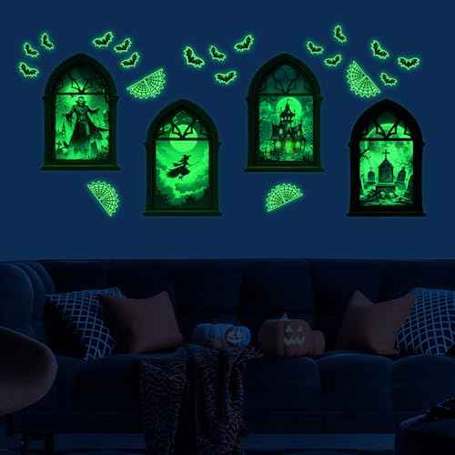 Glow in The Dark Halloween Wall Stickers, Set of 4 Halloween Window Decals, Scary Vampire Witch Castle Tombstone Window Wall Sticker, All Saints' Day Bedroom Playroom Living Room Glass Decoration